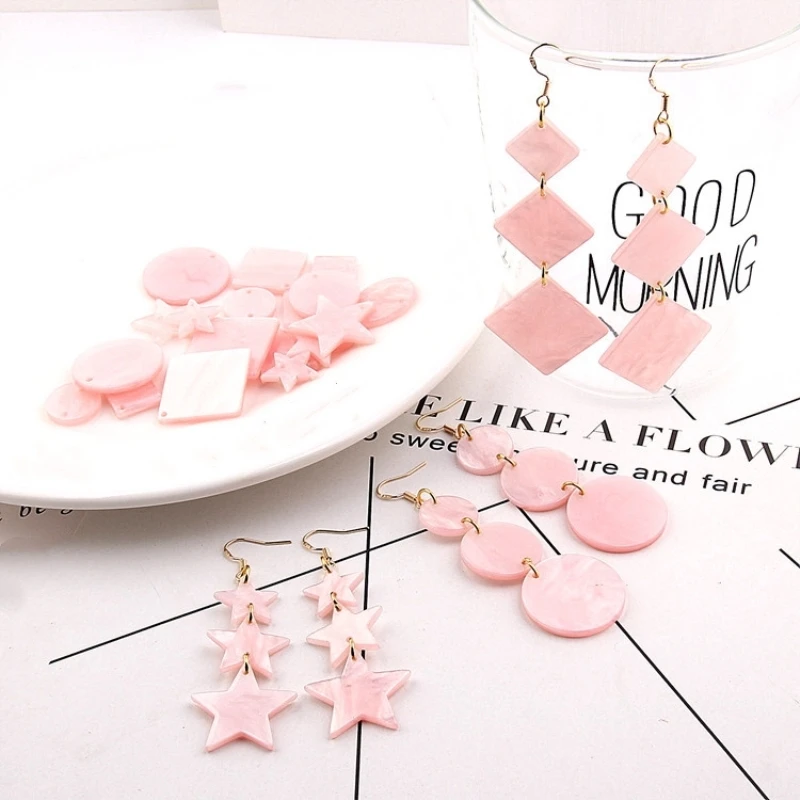 

10pcs Resin Pink Square Stars Round Pendants Charms DIY Earrings Making Accessories Handmade Ear Jewelry Findings Wholesale