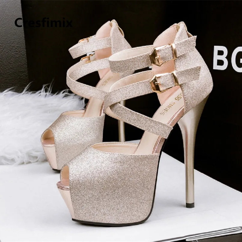 

Cresfimix women golden party night club peep toe high heel pumps lady casual shinning high heel shoes cool black shoes c2578