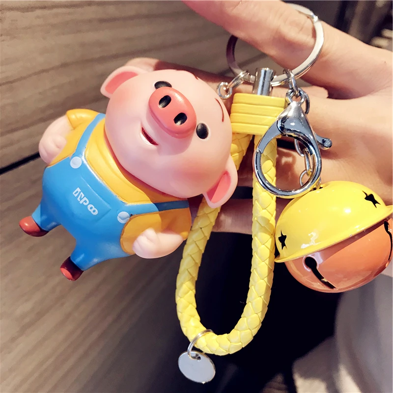 

Cute Toy Pvc Pig and Monkey Keychain Auto Metal Bell Leather Rope Porte Clef Key Ring Key Holder Bag Pendant Gift Wholesale