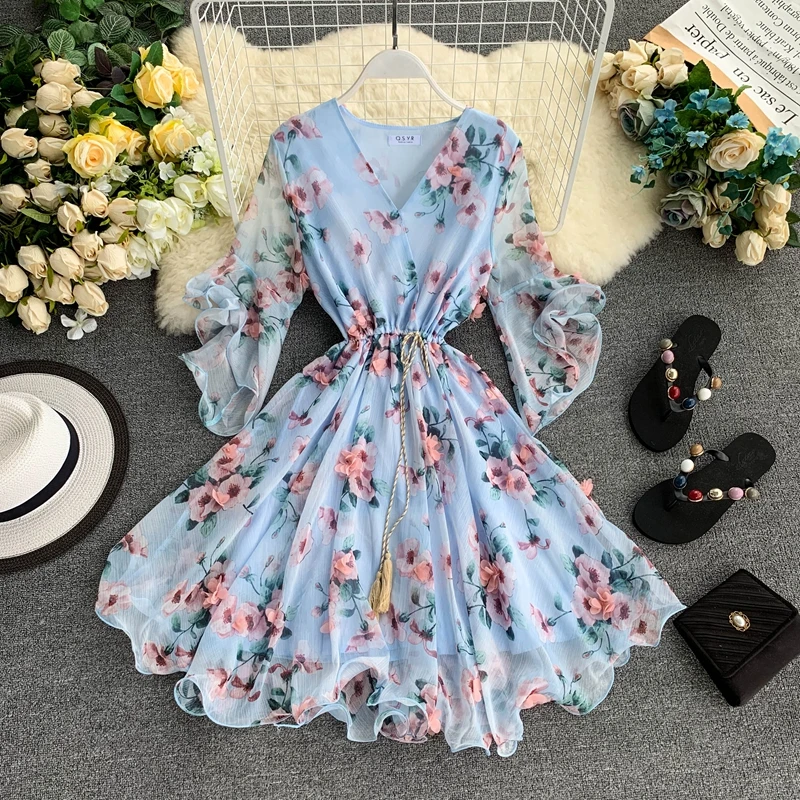 

7colors Summer Dresses Super Fairy Flower Dress V-neck Flare Sleeve Chiffon Print Style Womens Dresses New Arrival 2019