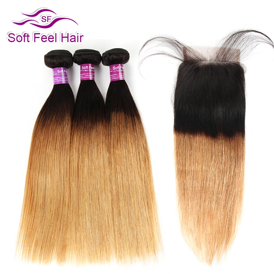Soft Feel Hair Ombre Brazilian Straight Hair Bundles With Closure Remy T1B/27 Honey Blonde Human Hair 3/4 Bundles With Closure