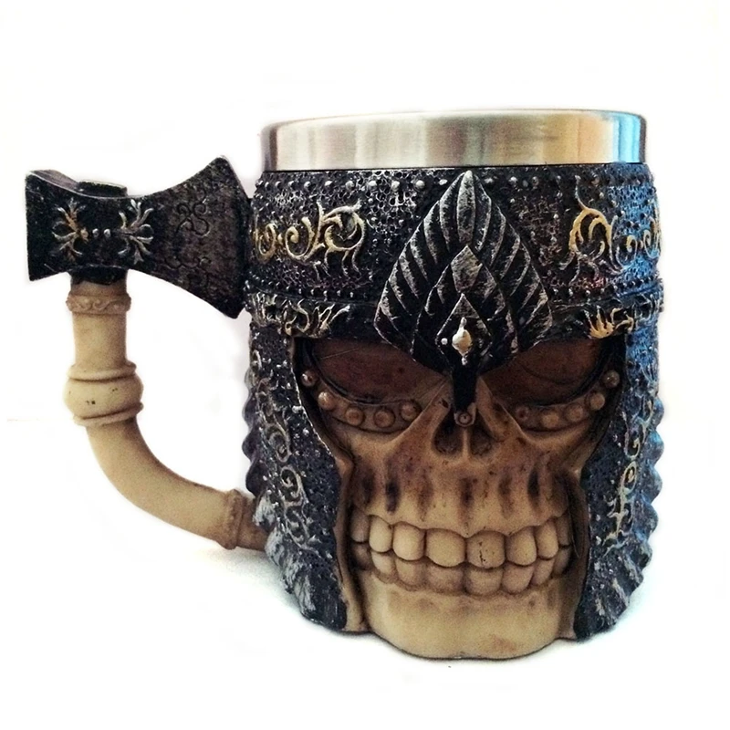 

3D Stainless Steel Axe Skull Knight Handgrip Head Mugs Resin Viking Skull Warrior Geek Coffee Beer Water Drinking Mug Cup