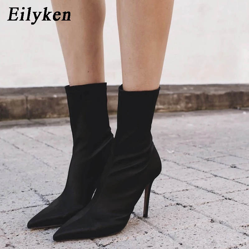 

Eilyken Women Sock Boots Stretch Fabric Pointed Toe High Heels Slip On Ankle Boots Women Pumps Stiletto Botas Mujer Size 35-40