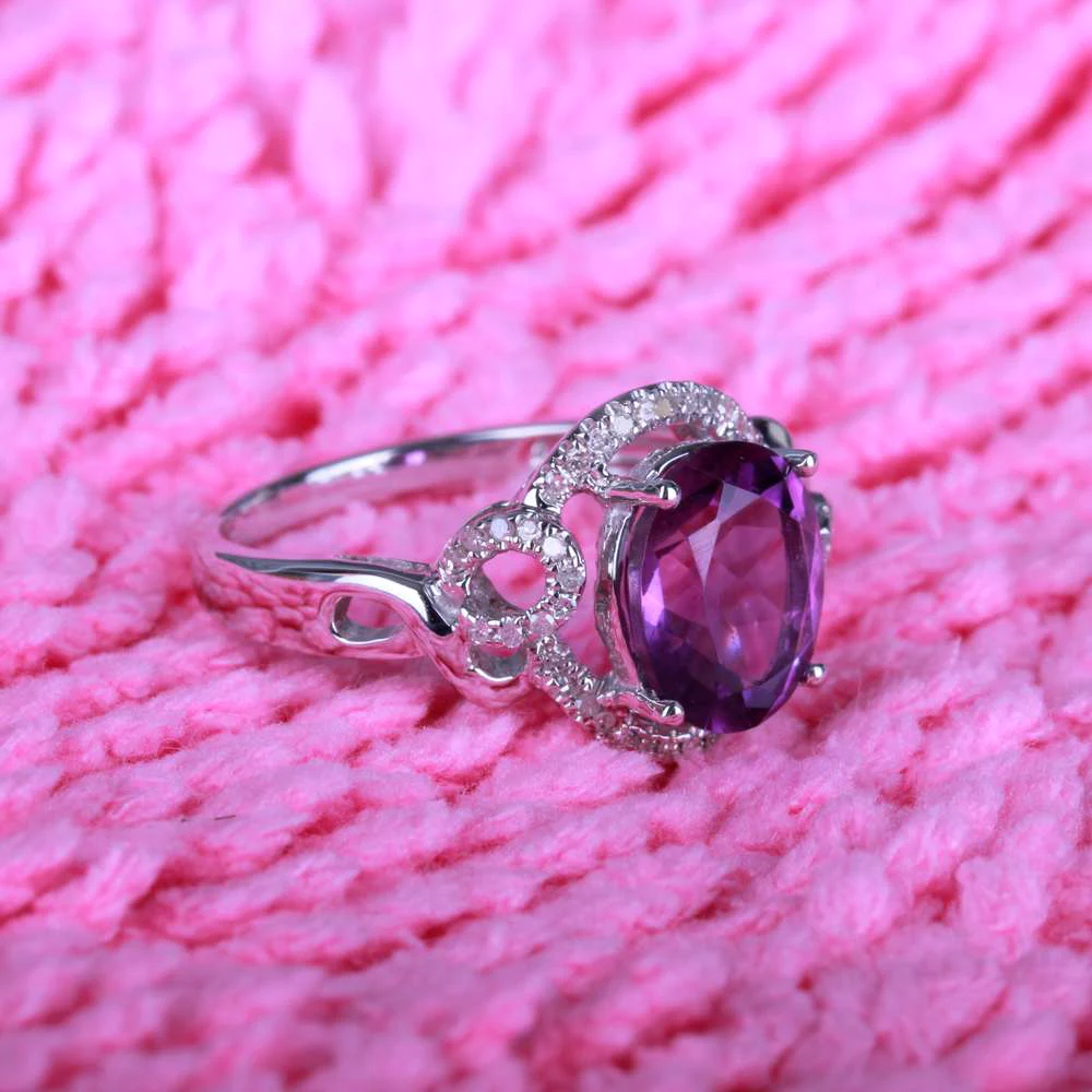 925 Sterling Silver 10x8mm Oval 2.5ct Amethyst Pave Natural Diamonds Wedding Ring Fine Jewelry Engagement Gemstone Ring