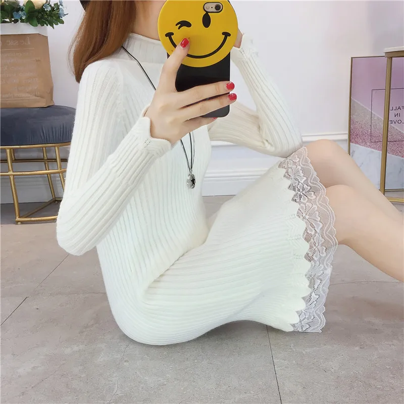 

2019 autumn winter splice Lace turtleneck sweater Work dress woman dresses paragraph bottoming knit vestido Sexy winter dress