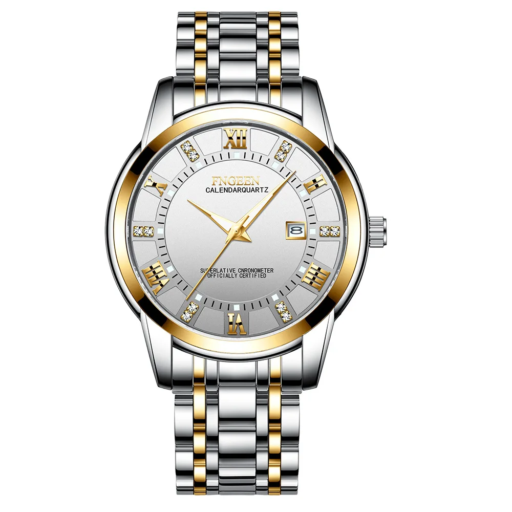 5Bar Waterproof diving sports men's watch non-mechanical Luminous Male Clock With Calendar Men Business Steel Belt Watches Mens - Цвет: gold - white
