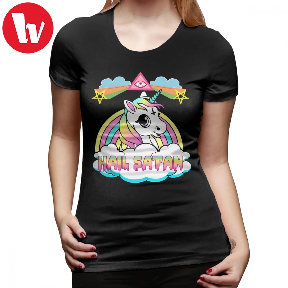 

Satan Girl T-Shirt Unicorn Hail Satan Death Metal Rainbown T Shirt O Neck Trendy Women tshirt Graphic Orange Ladies Tee Shirt