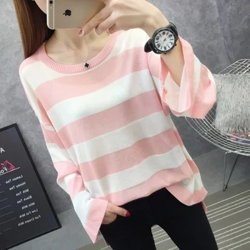 

New fashion 2019 summer The new round collar stripe monochrome knit suntan