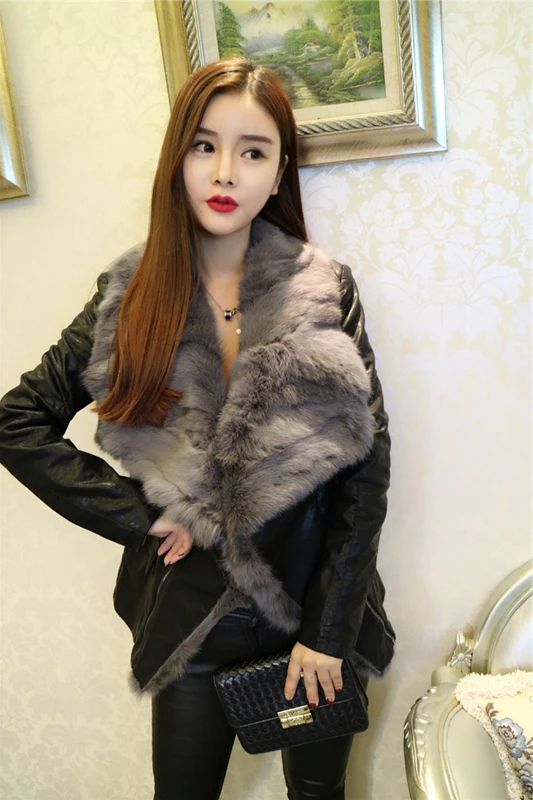 Азиатский размер, женские зимние Роскошные куртки из натурального Лисьего меха с поясом, Мотоциклетные Куртки из искусственной кожи, женская черная короткая верхняя одежда, пальто H172