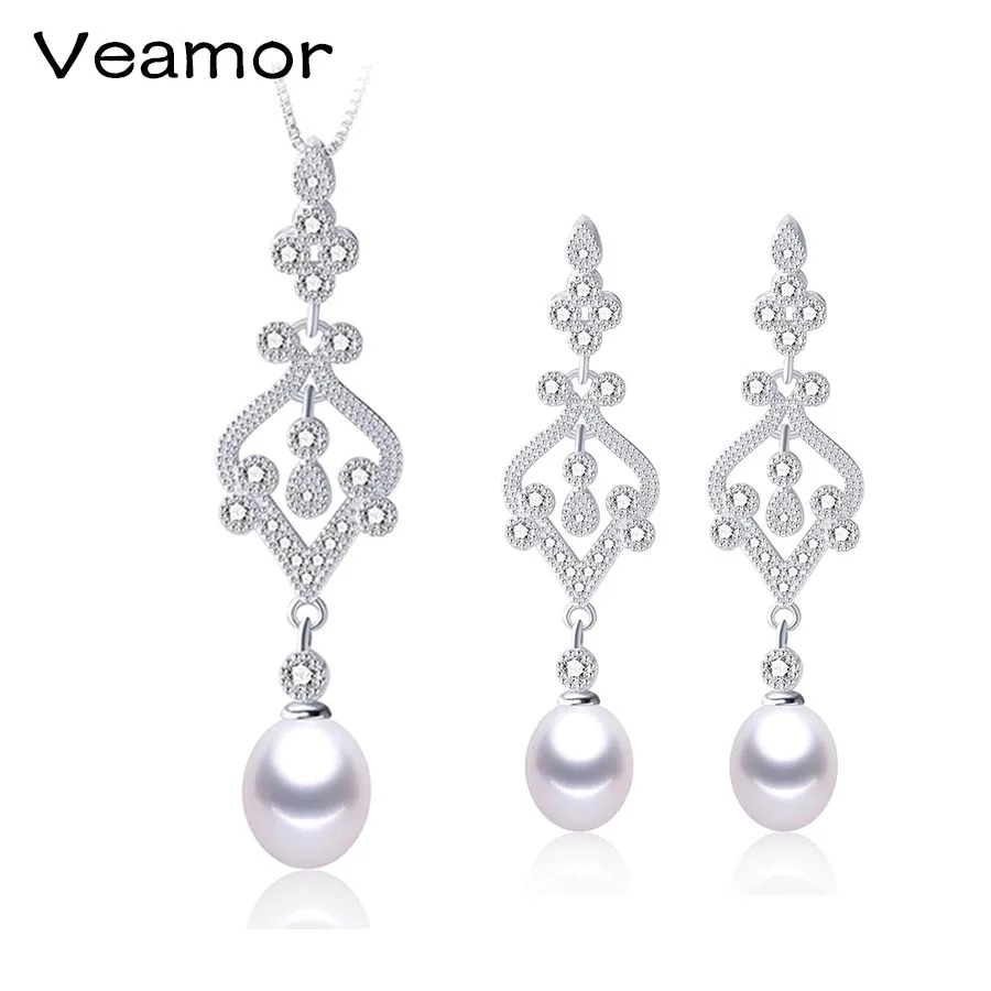 

VEAMOR Elegant AAAA High Quality Freshwater pearl Pearl Bridal Jewelry Sets for Women Silver 925 Jewelry Necklaces Earrings Sets