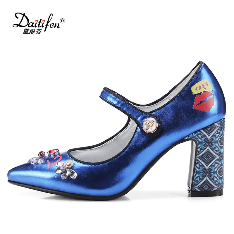 

Daitifen Spring Autumn Stylish Printing high Chunky heel women shoes Luxury Hook and Loop lady Mary Janes Pumps with Crystal