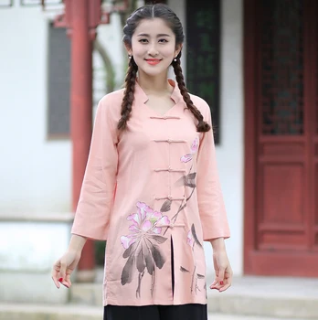 

Elegant Slim Long Style Cotton Linen Blouse Chinese Women Vintage Shirt Tops Print Flower Blusas S M L XL XL XXL XXXL 2620