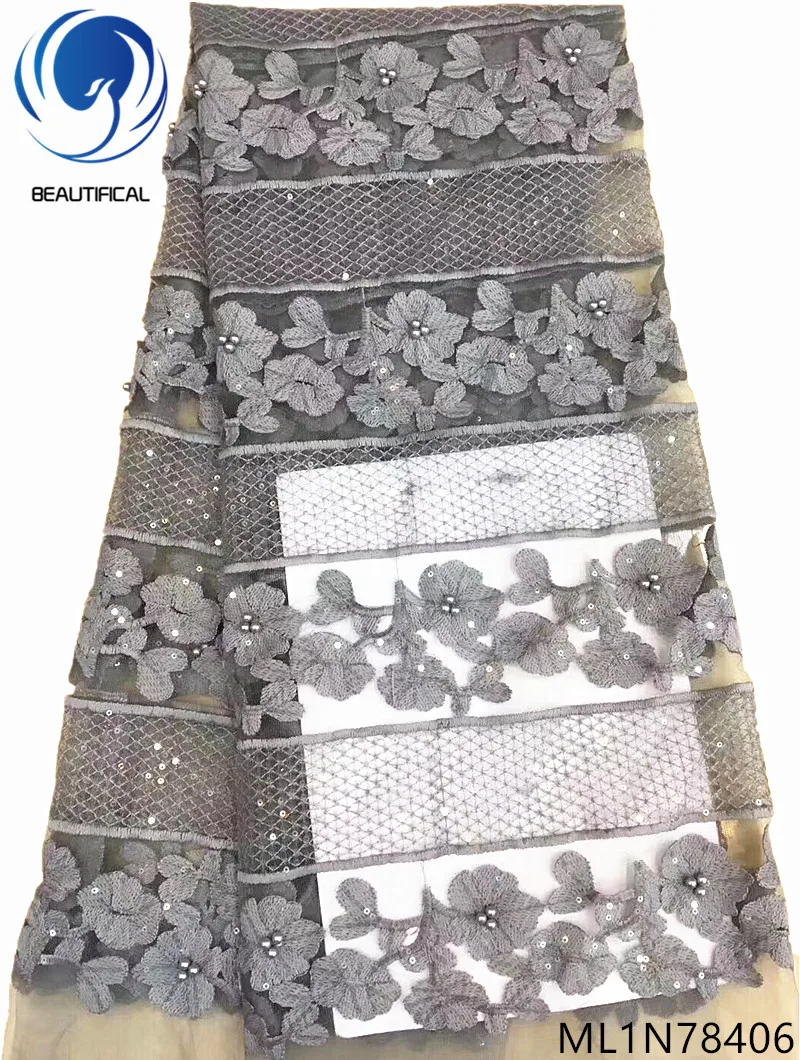 

Beautifical grey sequins lace african net lace fabric glitter lace fabric with sequins and beads for wedding hot sales ML1N784