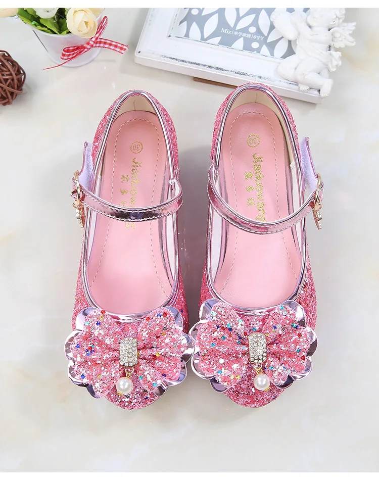 ULKNN Princess Kids Leather Shoes For Girls Flower Casual Glitter Children High Heel Girls Shoes Butterfly Knot Blue Pink Silver