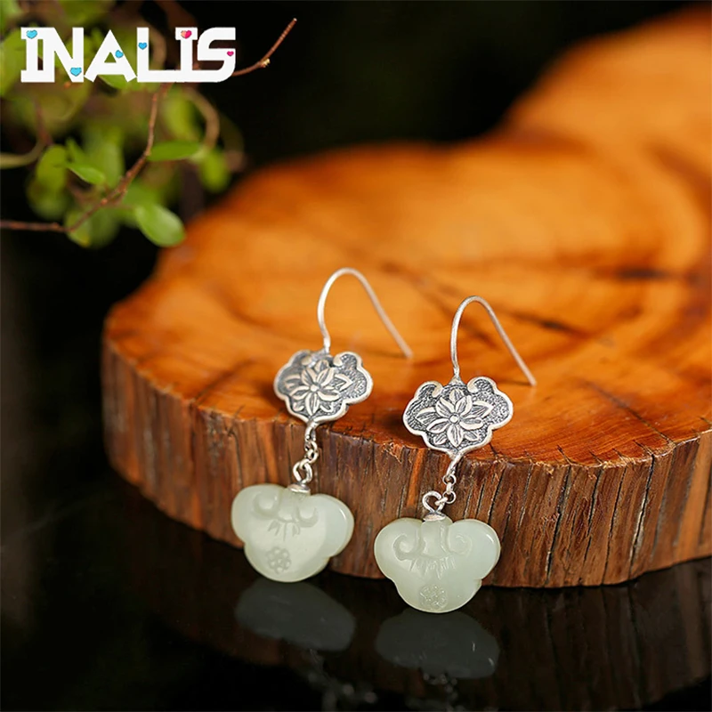 

INALIS New Ear Hook S925 Silver Natural White Jade Drop Earrings for Women Vintage Ethnic Lotus Brincos Handmade Jasper Bijoux