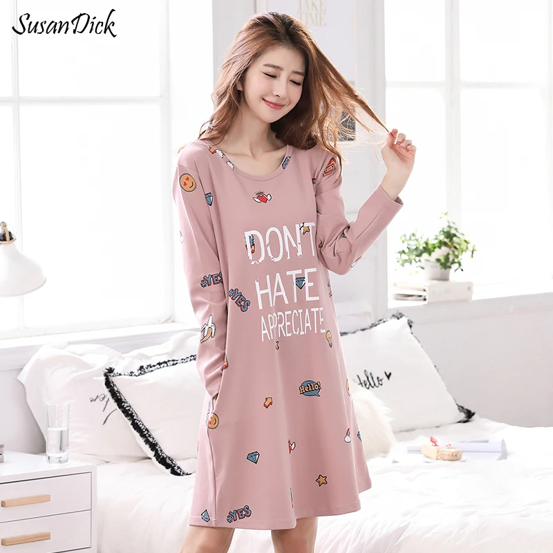SusanDick 2017 Brand Cute Sleepwear Nightgown Long Sleeve Women Cotton