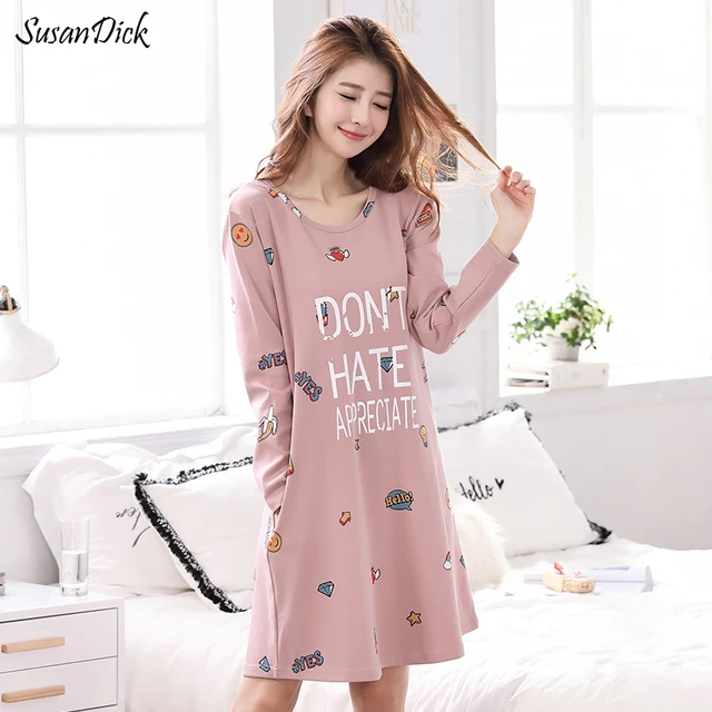 SusanDick 2017 Brand Cute Sleepwear Nightgown Long Sleeve Women Cotton