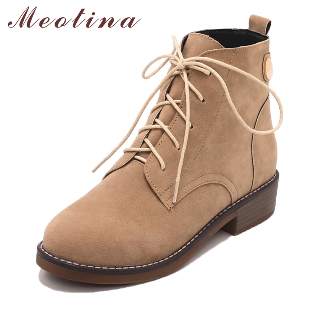 

Meotina Women Ankle Boots Winter Square Heels Short Boots Lace Up 2018 Female Boots Block Heels Ladies Shoes Black Size 34-43