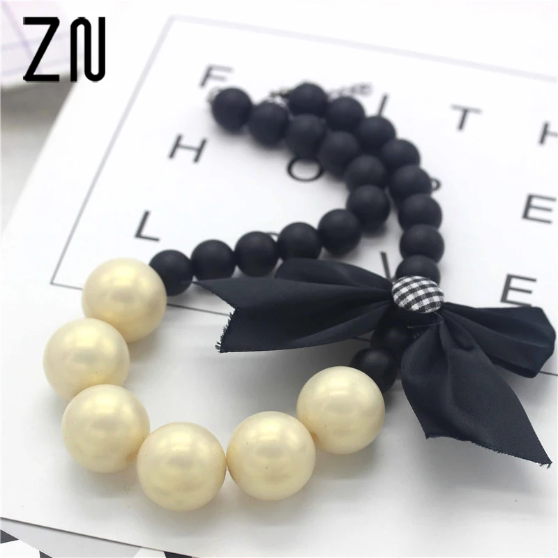 

ZN 2018 New Fashion Pearl Jewelry Charm Black Beads Chain Cute Bowknot Chokers Necklace Big Imitation Pearl Necklaces Jewelry