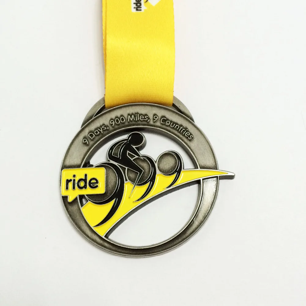 

customized cycling medal with bike engraved and in soft enamel with custom logo with medal ribbon--300pcs