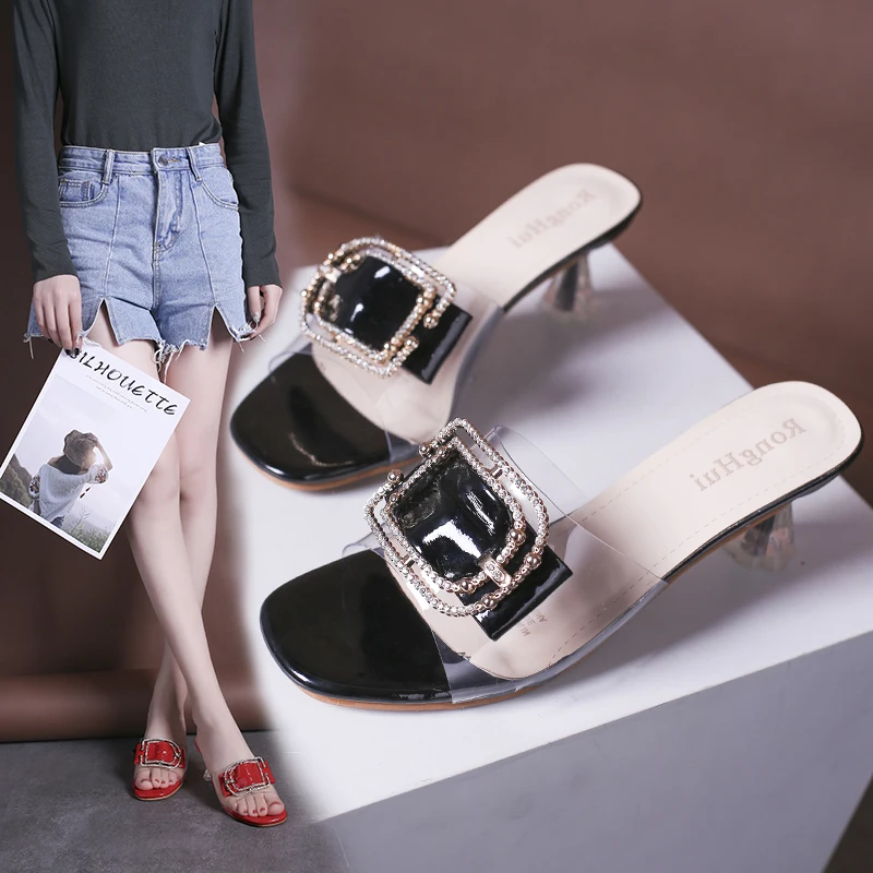 

2019 New Fashion Casual Solid Summer Beach Slipper Women Slip-on Rome Thin Heels Slipper Fashion Woman High Heels Shoes