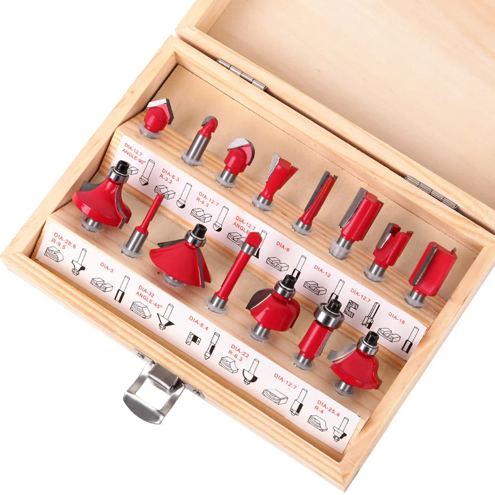 15pc 1/4" Router Bit Set Shank Tungsten Carbide Rotary Tool Wood Case