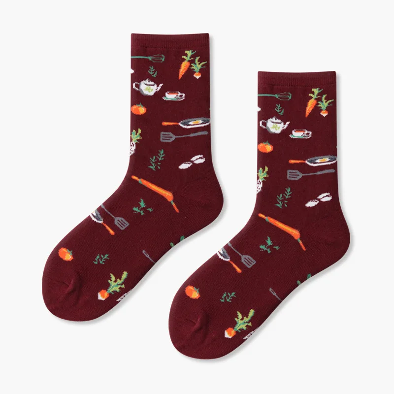 Милые женские цветные носки с фруктовыми рисунками; забавные Носки с рисунком персика, банана, шибы, кофейного пирога, сердца, красного вина; хлопковые носки с рисунками - Цвет: high tea