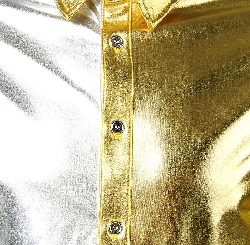 Nightclub Patchwork Disco Dance Tops New brand Shirt Gold Sliver Costume Party Fashion Men's Metallic Shiny Slim Clubwear