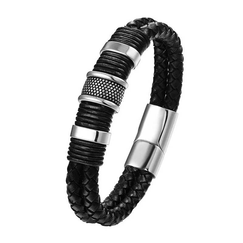 

2018 New Punk Woven Leather Bracelet For Men's Stainless Steel Wristband Male Jewelry Vintage Fashion Best Gifts Pulseiras