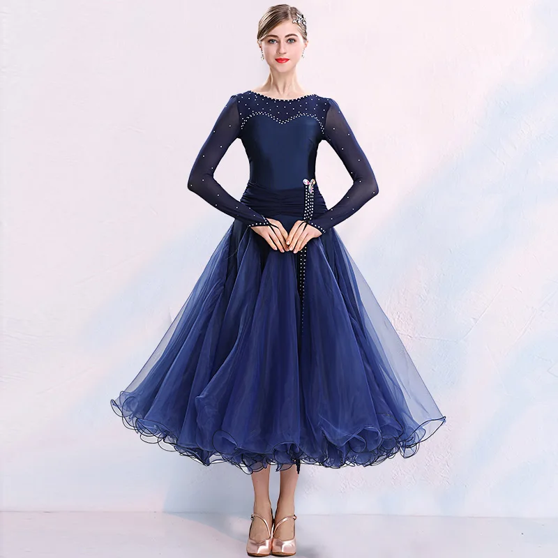 Navy blue Современный танцевальный бальный костюм танцевальное платье вальс/Танго Танцевальное представление сценическая одежда женское платье с длинным рукавом DQL1164 - Цвет: Navy blue