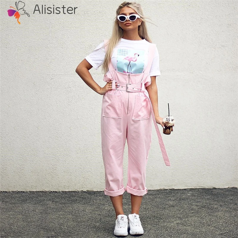 Pink Brief Women Jumpsuits Slim Belted Adjust Rompers Casual Big Pocket