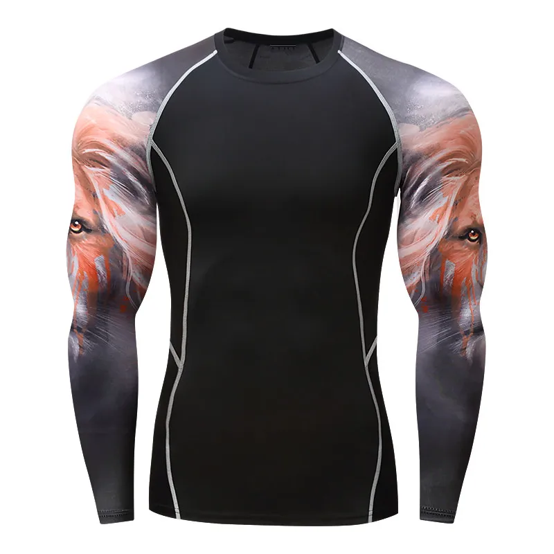 

2017Muscle Men Compression Tight Skin Shirt Long Sleeves MMA3D Prints Rashguard Fitness Base Layer Weight Lifting Male Tops Wear