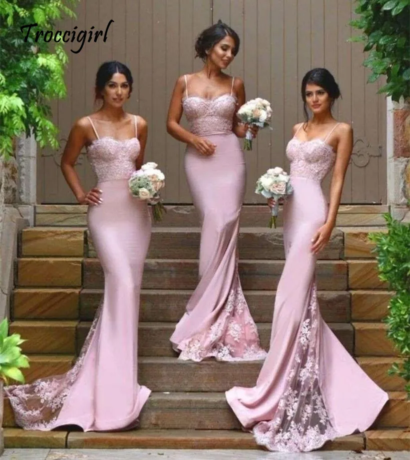 

2019 Pink Sexy Spaghetti Straps Bridesmaid Dresses Sweetheart Lace Backless Maid Of the Honor Dresses vestidos de festa
