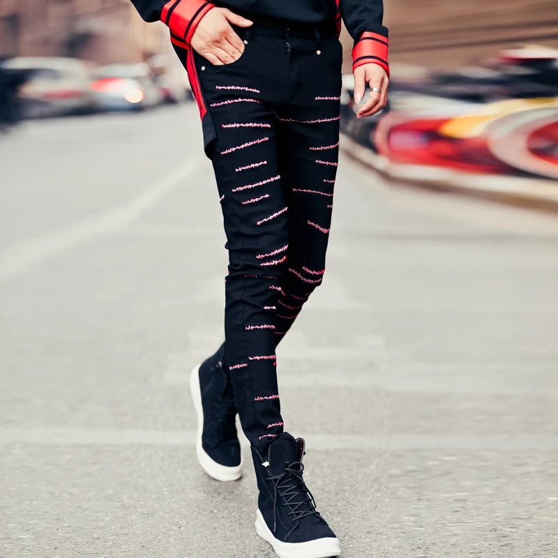 Vellsar High Street Fashion Вышивки Джинсовые Брюки Мужской Панк Хип Хоп 2017 Новый Slim Fit
