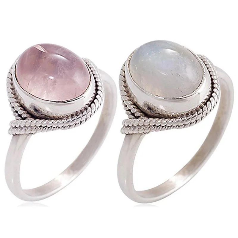 

European Fashion Retro Women Engagement Ring Pink Moonstone Vintage Round Wedding Party Ring Jewelry Gift