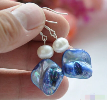 

HOT SELL - 1507 blue square shell white round pearl DANGLE EARRING -Top quality free shipping