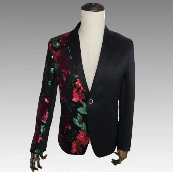 

S-4XL Men Suit Jacket Nightclub Male Singer Outfit Wedding Performance Evening Party Blazer Rose Flowers Red Green Sequins Slim