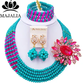 

Majalia Luxury African Jewelry Set Aqua blue and Hot pink Crystal Bead Bride Jewelry Nigerian Wedding African Jewelry Set 5AS002