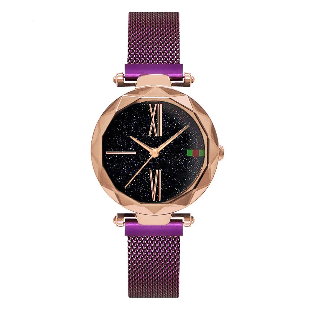 Rose Gold Purple Роскошные женские часы из розового золота минимализм звездное небо магнитная пряжка модные повседневные женские наручные часы Водонепроницаемые римские цифры - Цвет: Rose Gold Purple