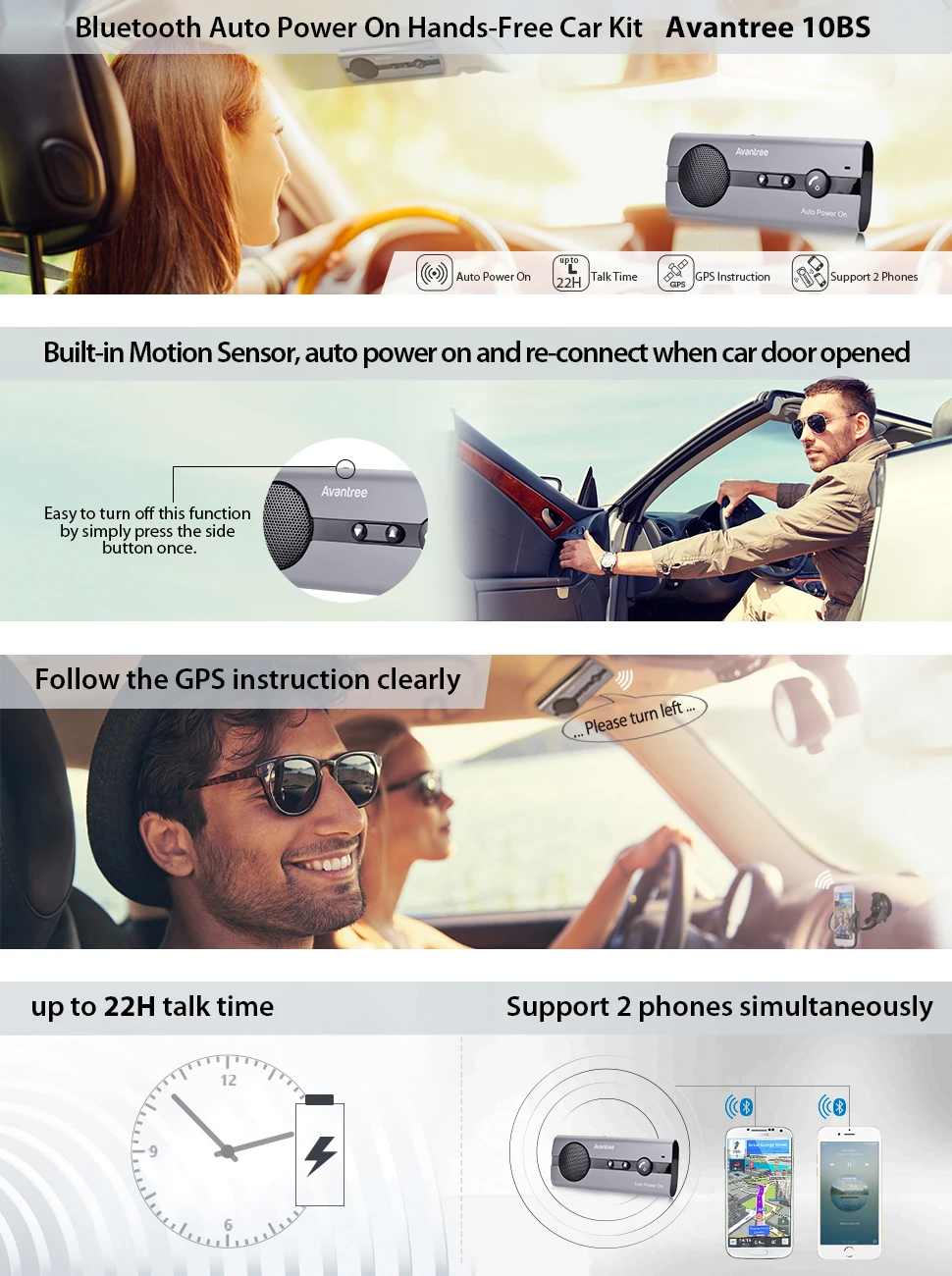 Avantree Bluetooth автомобильный комплект Авто мощность на козырек с датчиком движения, поддержка gps, музыка, громкая связь для мобильных телефонов