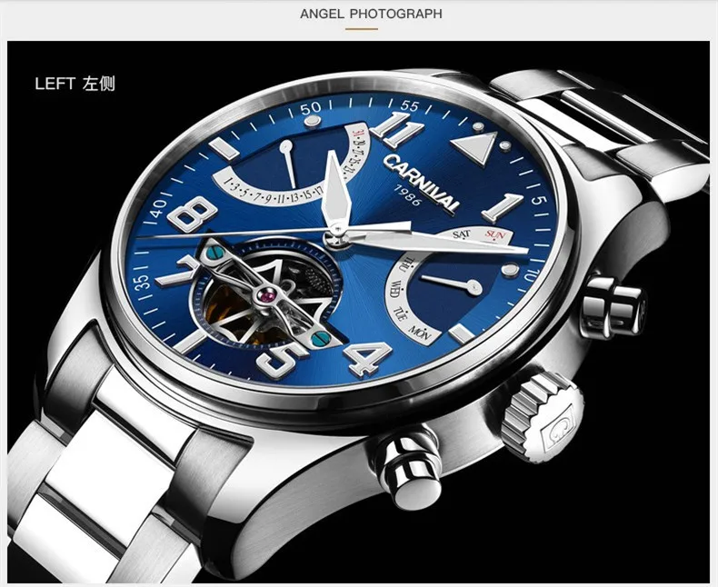 CARNIVAL Tourbillon Mode Welle Silber blau Uhr Leuchtende Display Мужские автоматические механические часы Uhren