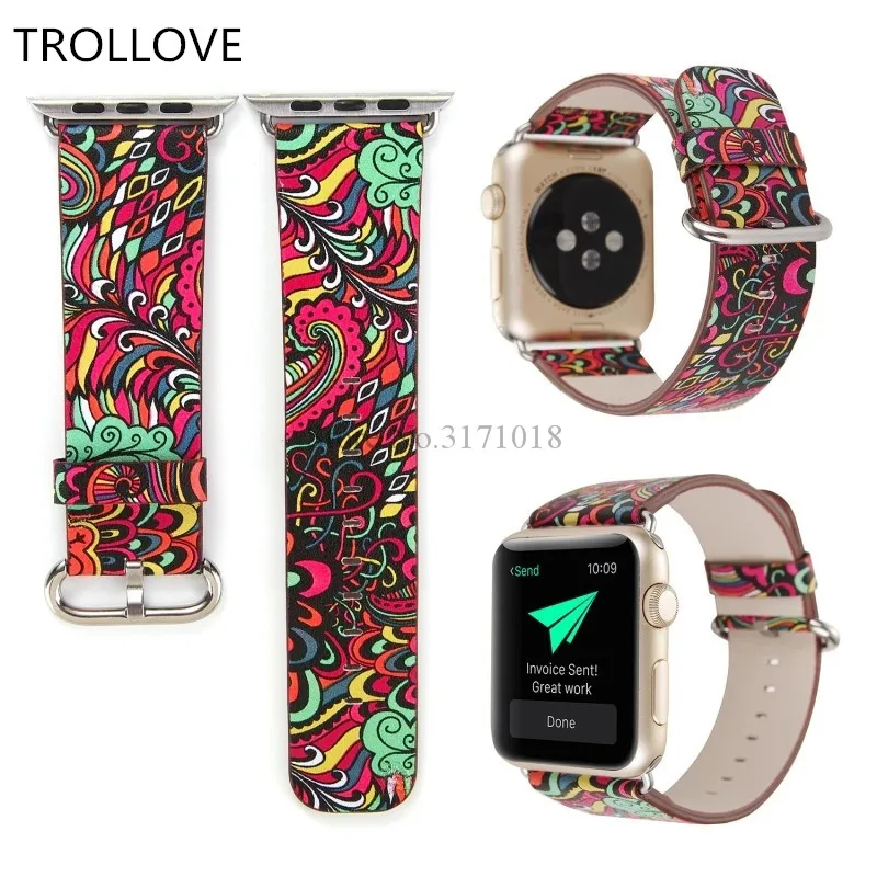 

For Apple Watch 38mm 42mm PU Leather Band Strap Flower Prints Vintage Floral National Folk Style Design Belt Series 1/2/3