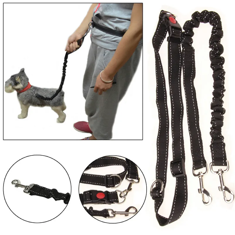 

Easy Adjustable Hand free Dog Pet Walking Running Jogging Lead Leash Waist Belt Leashes Black