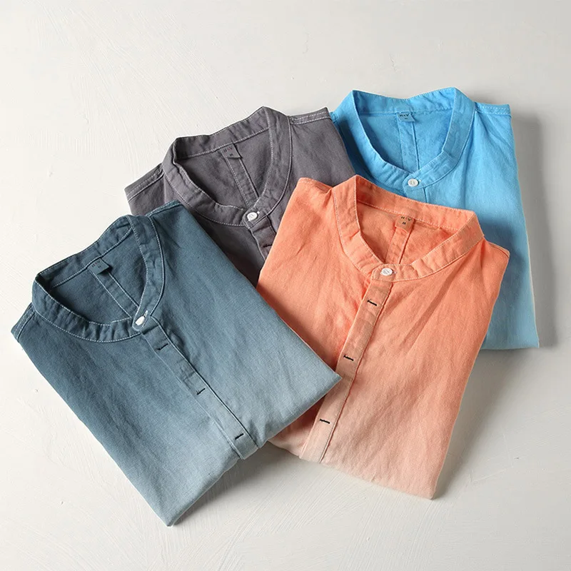 

2018 Mens Short Sleeve Linen Shirt Classic Mandarin Collar Retro Gradient Color Loose Pullover Beach Shirts Hawaiian Shirt XXXL