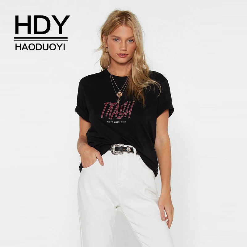 

HDY Haoduoyi Simple And Stylish TRASH Slogan Letter Geometric Print Solid Color Round Neck Regular Women's Summer T-shirt
