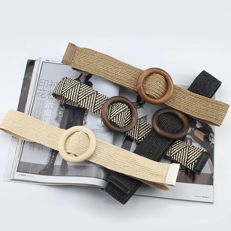 

Fashion Simple Bohemian Wide Belts For Women Handmade Woven Dress Decor Waistband Wooden Buckle Casual Elastic Wild Wide Strap