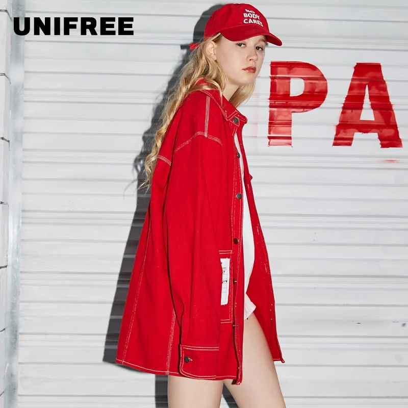 UNIFREE 2019 Новое поступление осенней красной верхней куртки для женщин cвободный