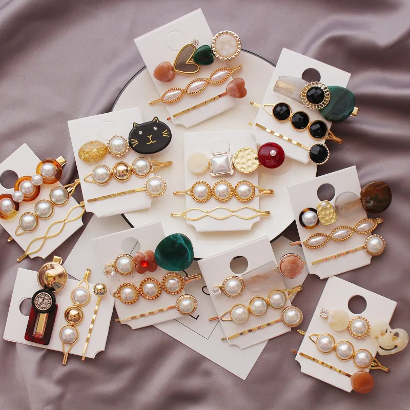 

3pc/set Retro hairpin korea sweet pearl acrylic hair clips fashion round gold hair accessory women metal resin bead hairpins Z40