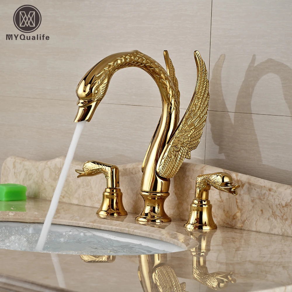 Golden Deck Mount Deluxe 3pcs Swan Bathroom Basin Faucet Double Handles Mixer Water Tap