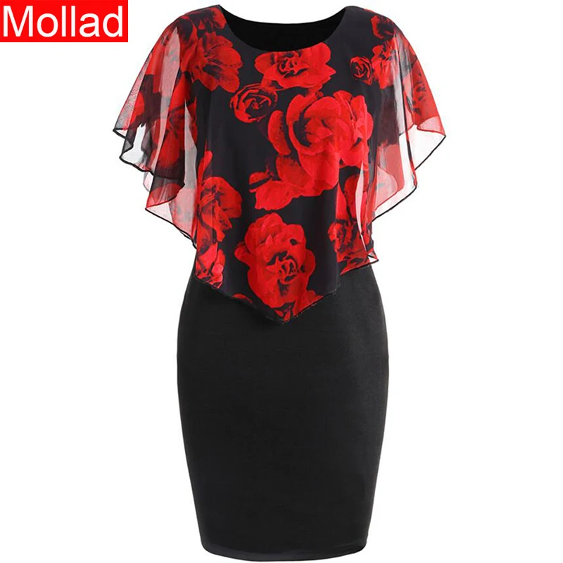 

Fashion Women Rose Printed Summer Dress O-Neck Knee Length Female Dresses